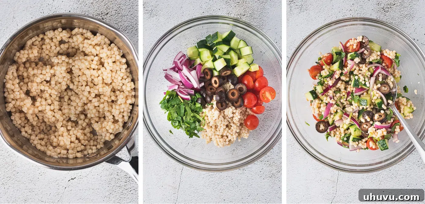 A collage of process shots showing how to make couscous salad, from mixing ingredients to the final dish