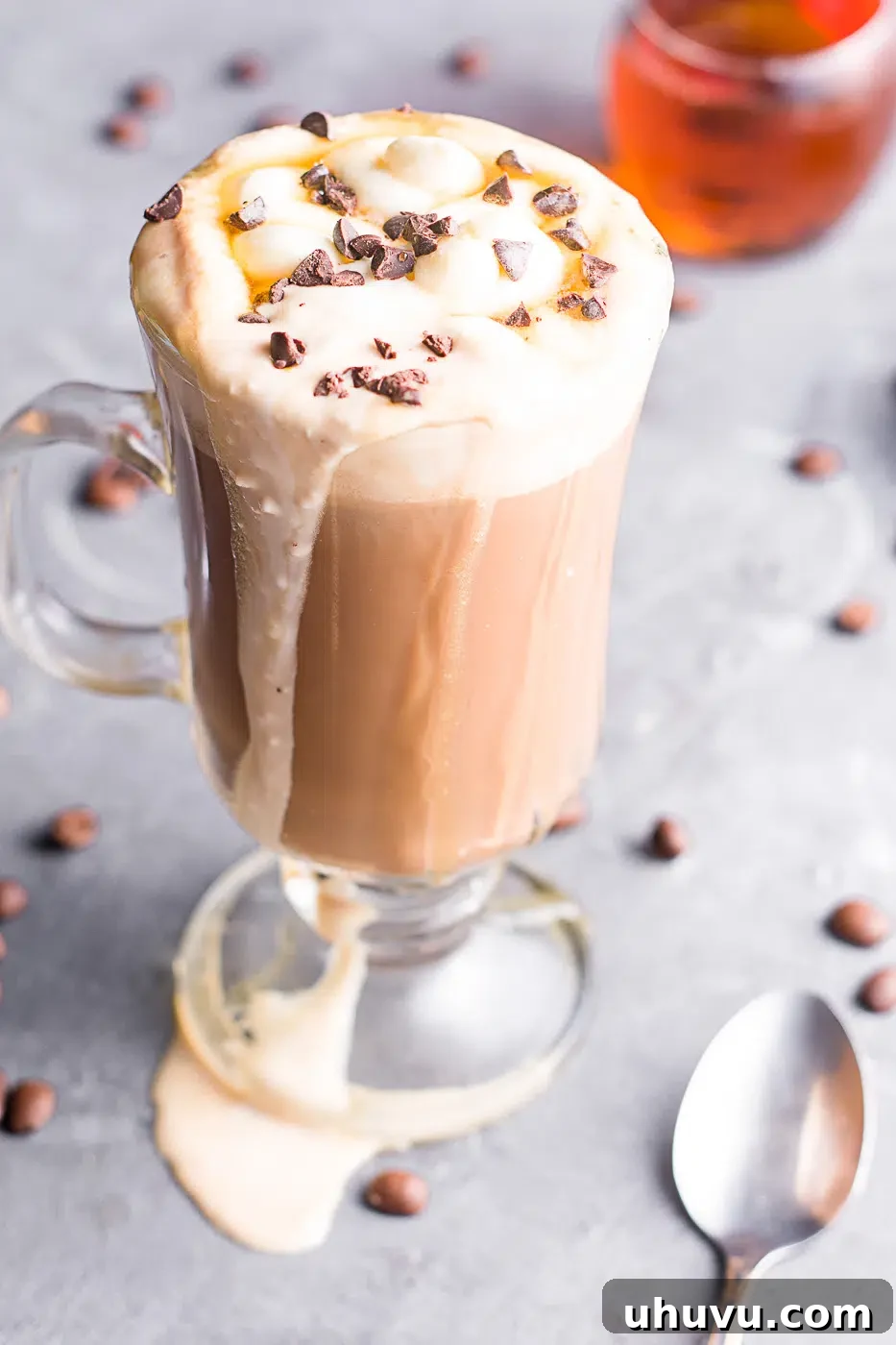 cafe mocha with whipped cream in a tall glass 