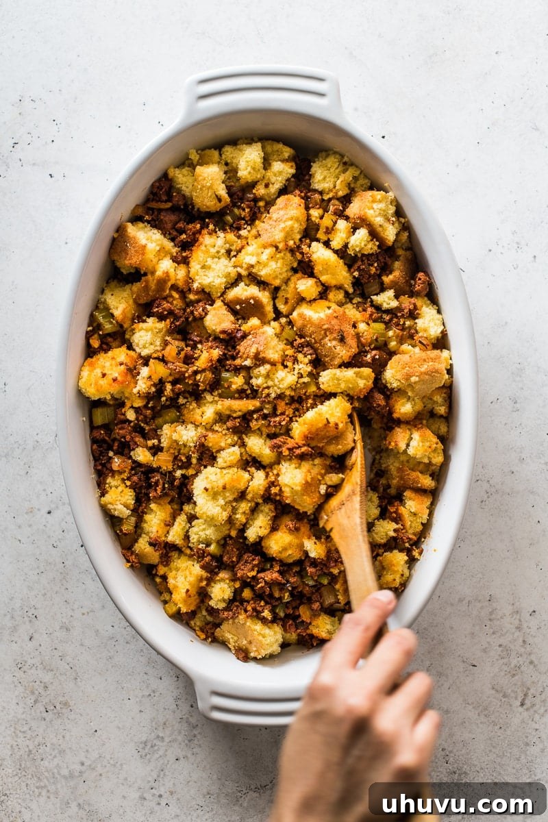 Cornbread and chorizo mixture in a baking dish