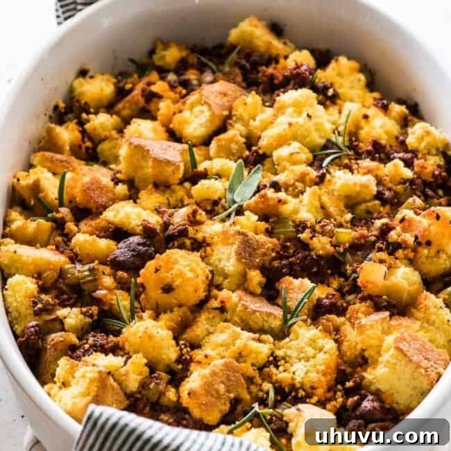 Cornbread stuffing topped with chorizo and fresh herbs.