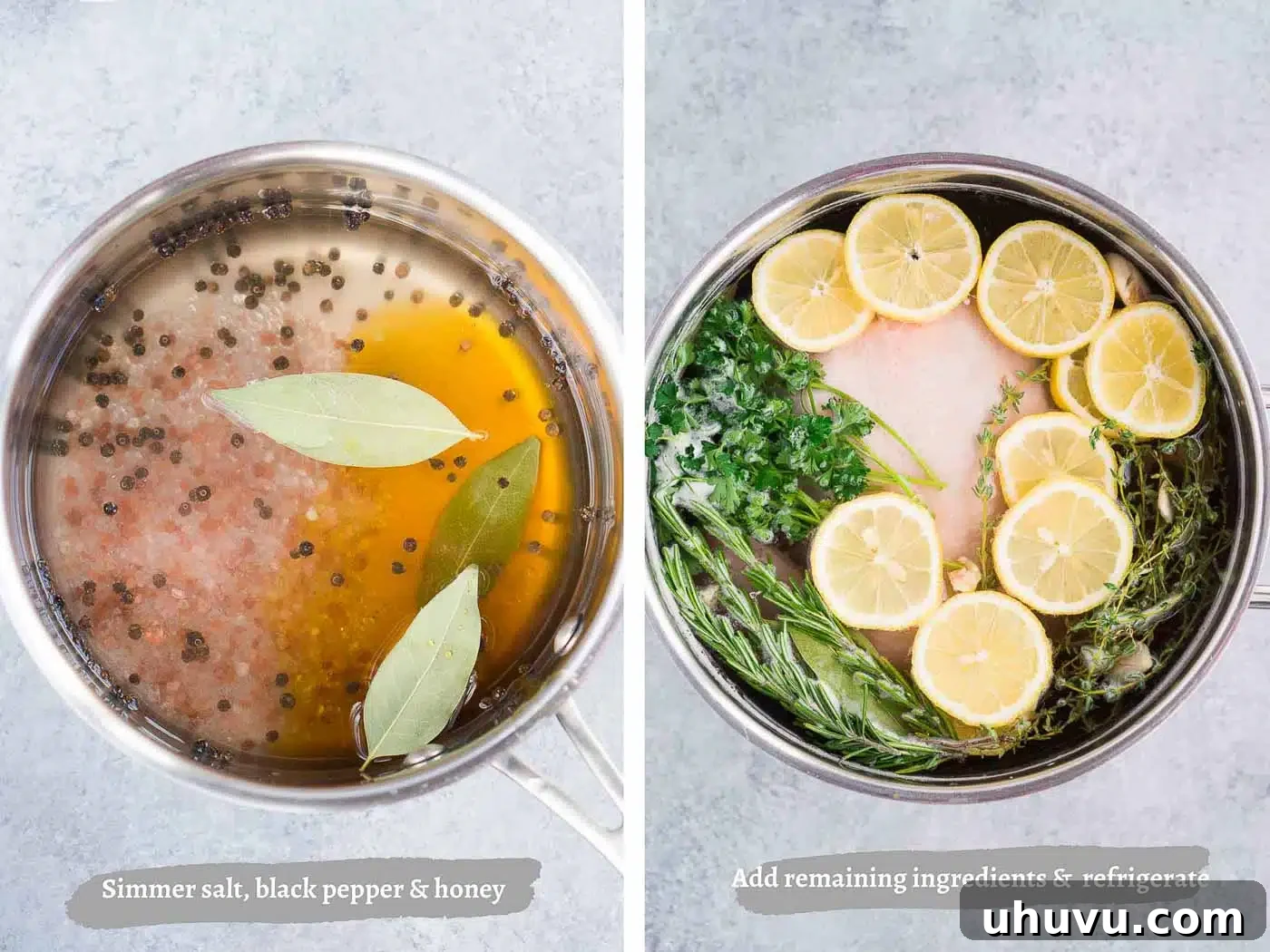 Process images showing a whole chicken being submerged in a wet brine, illustrating how to brine chicken