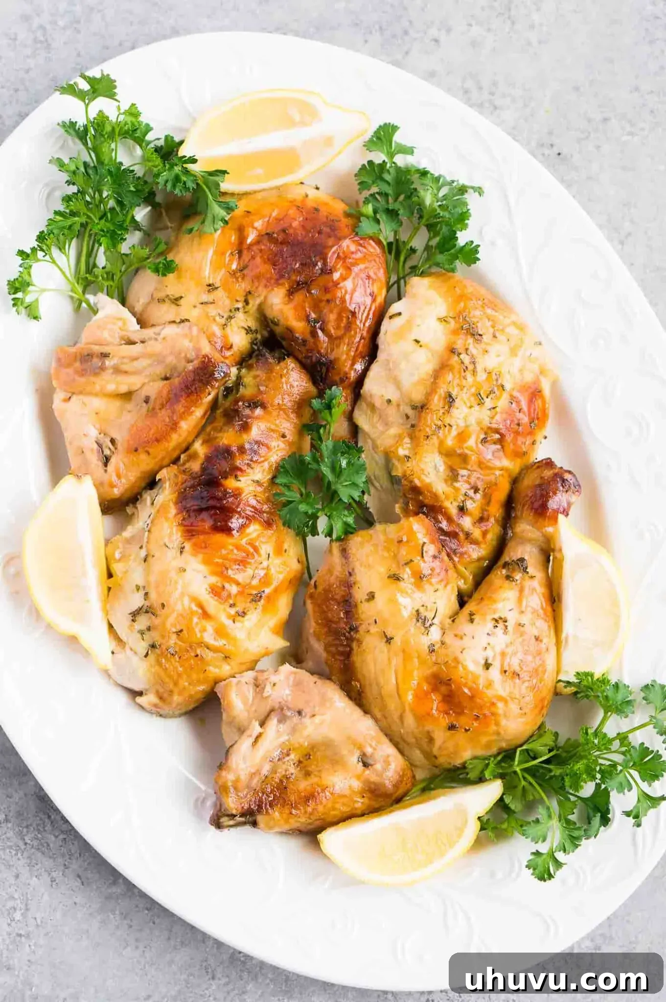 Juicy Chicken Secret 5 Beautifully roasted whole chicken with crispy skin, ready to serve