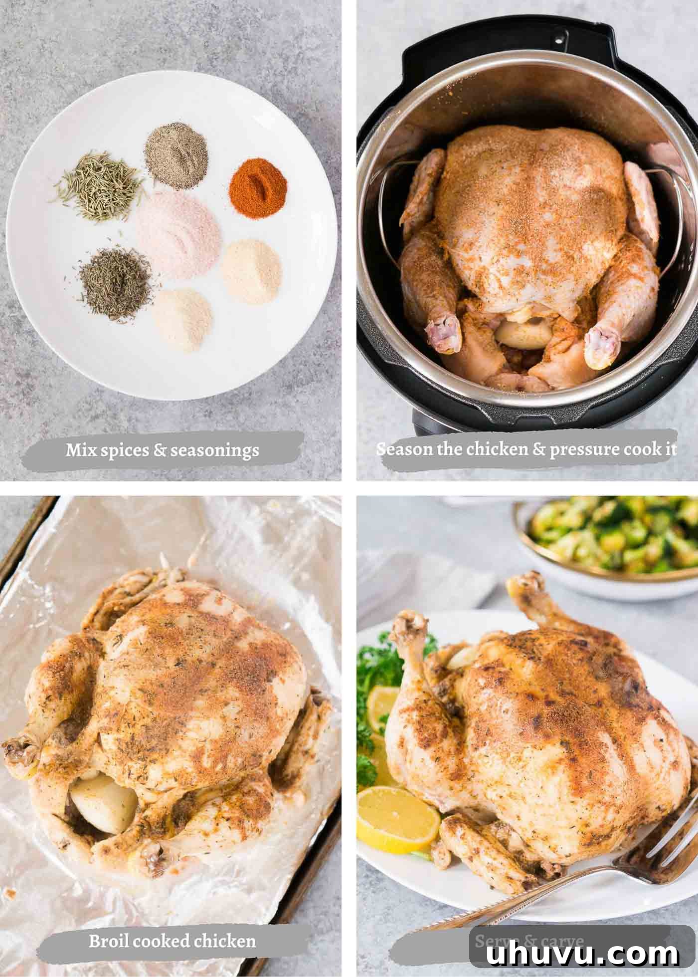 Instant Pot Rotisserie Chicken 4 process images of making whole chicken in the instant pot