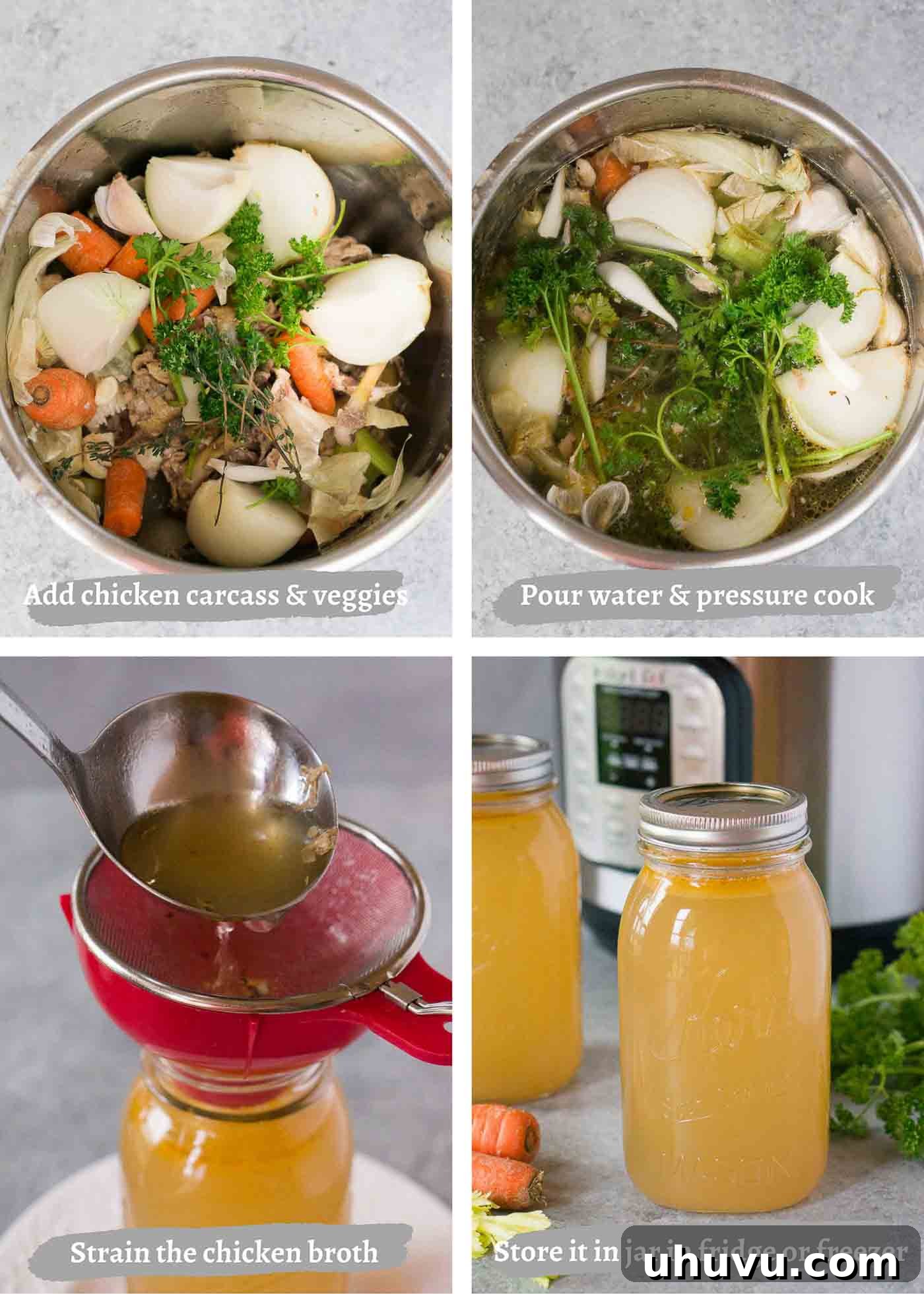Process images of making chicken stock/broth in the instant pot, showing steps from adding ingredients to straining.