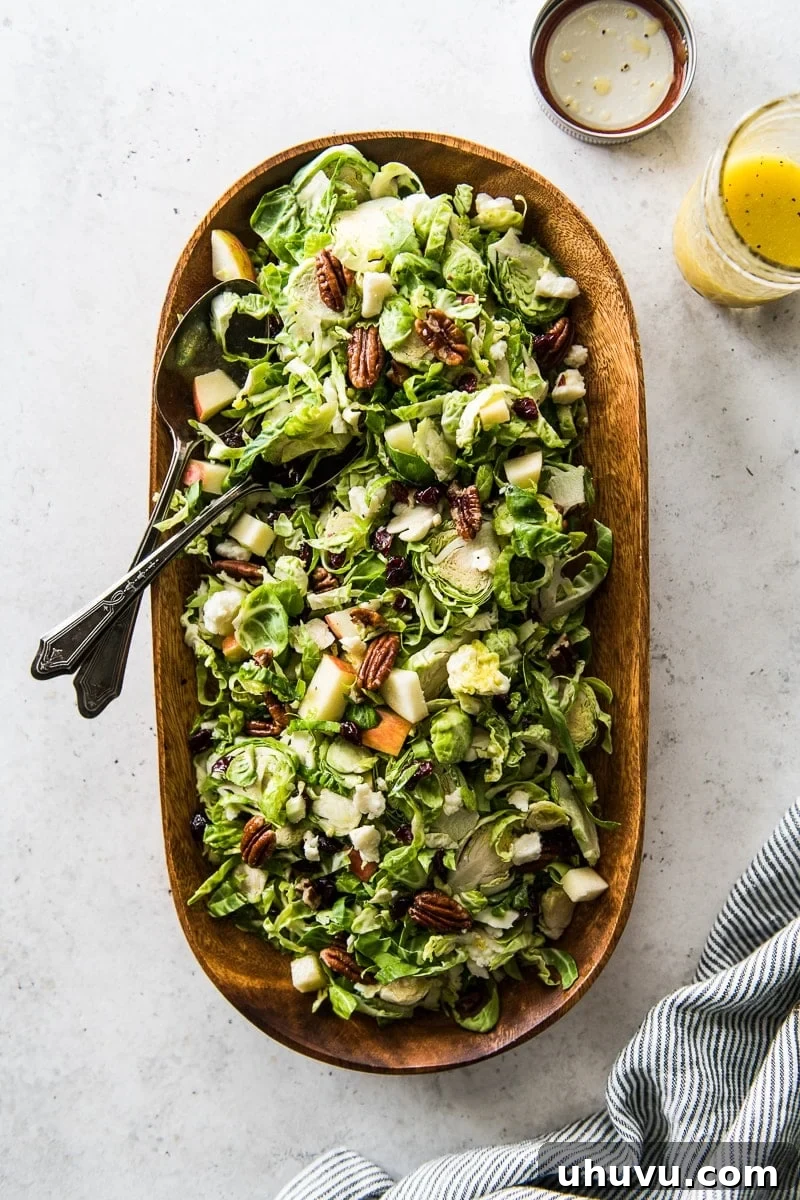 Bright Brussels Sprout Medley 2 A large serving bowl filled with a fresh Brussels Sprout Salad, garnished with cranberries and pecans.