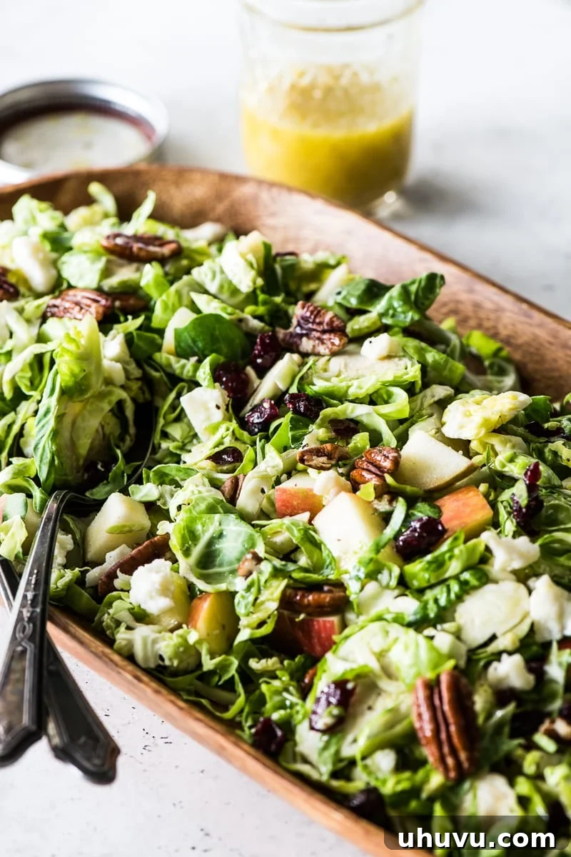 Bright Brussels Sprout Medley 7 Close-up of the finished Brussels Sprout Salad with apples, pecans, and cranberries in a white serving dish.