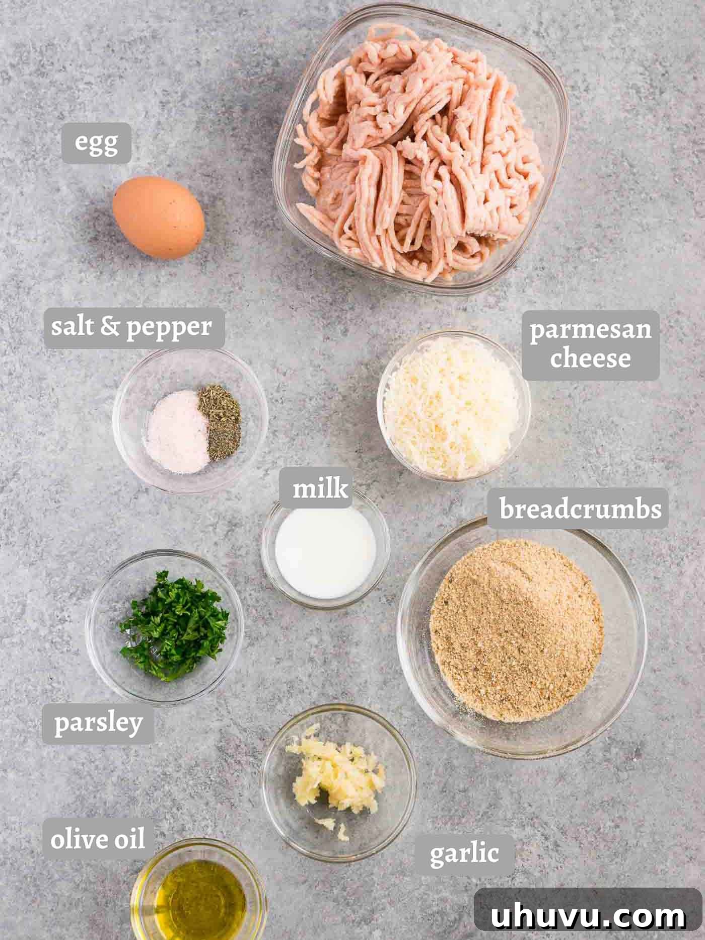 Savory Chicken Meatballs 4 fresh ingredients laid out for making chicken meatballs