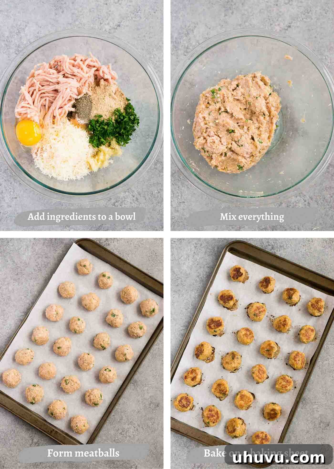 Savory Chicken Meatballs 5 sequential process images showing how to bake chicken meatballs in the oven