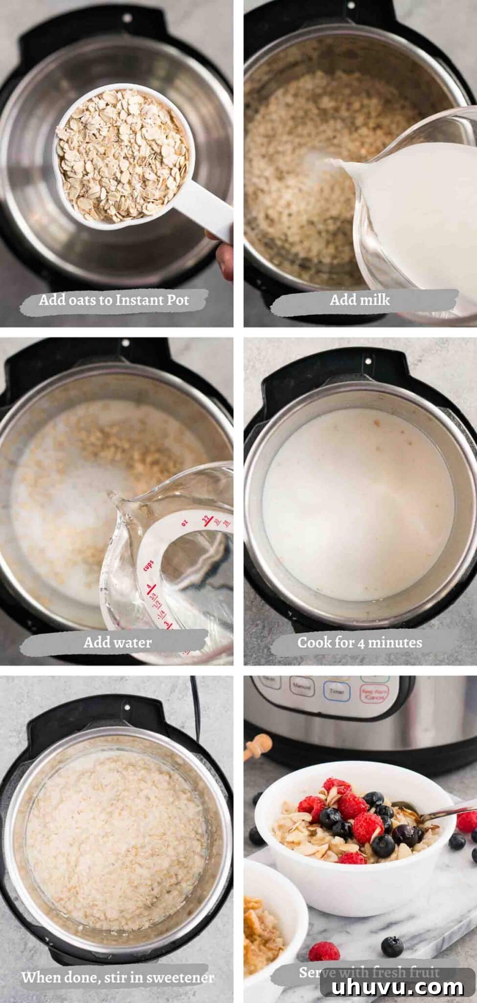 Quick and Creamy Instant Pot Oatmeal 5 process images of making oatmeal in instant pot