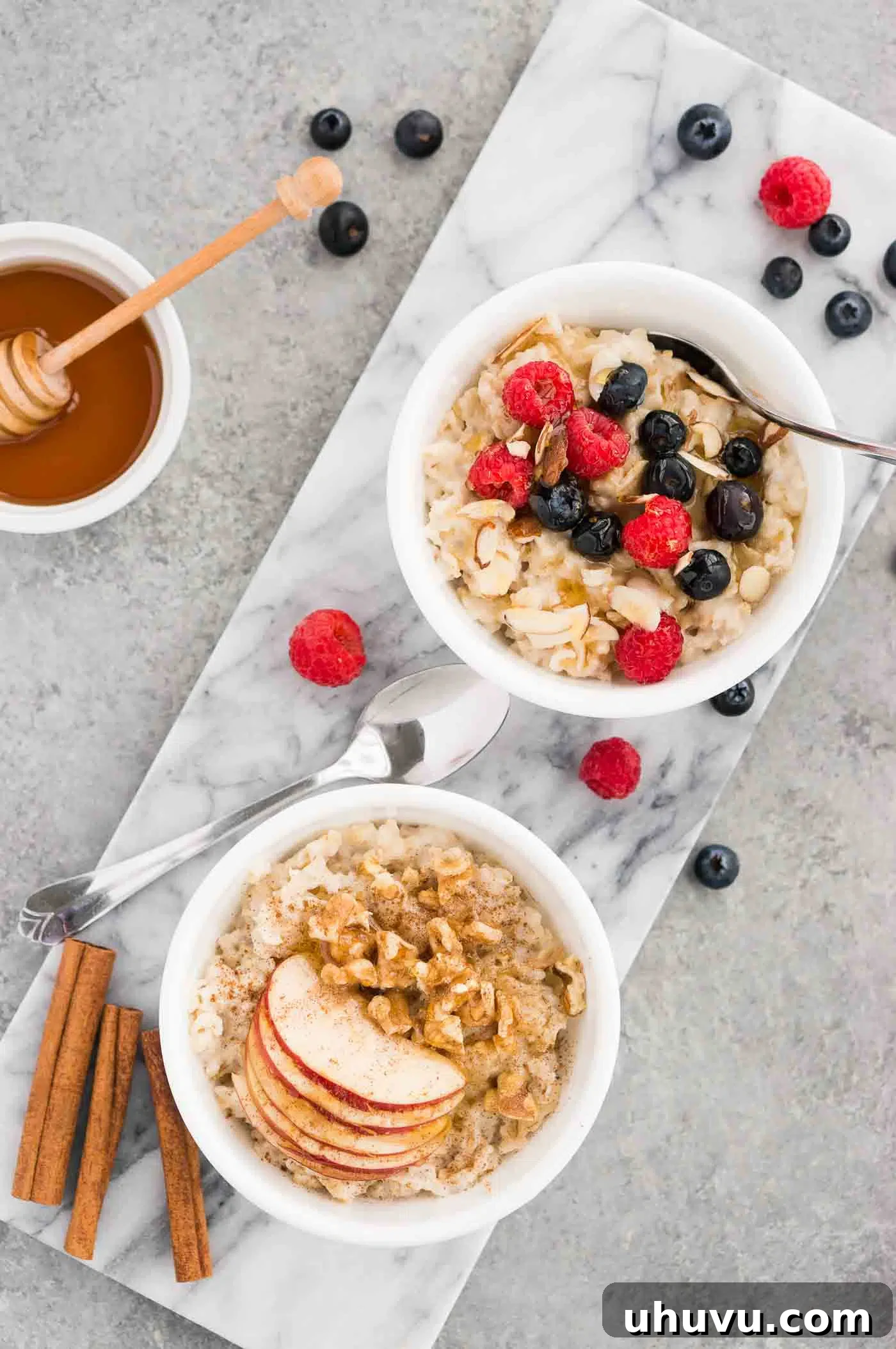 Quick and Creamy Instant Pot Oatmeal 6 oatmeal with different toppings in a bowl