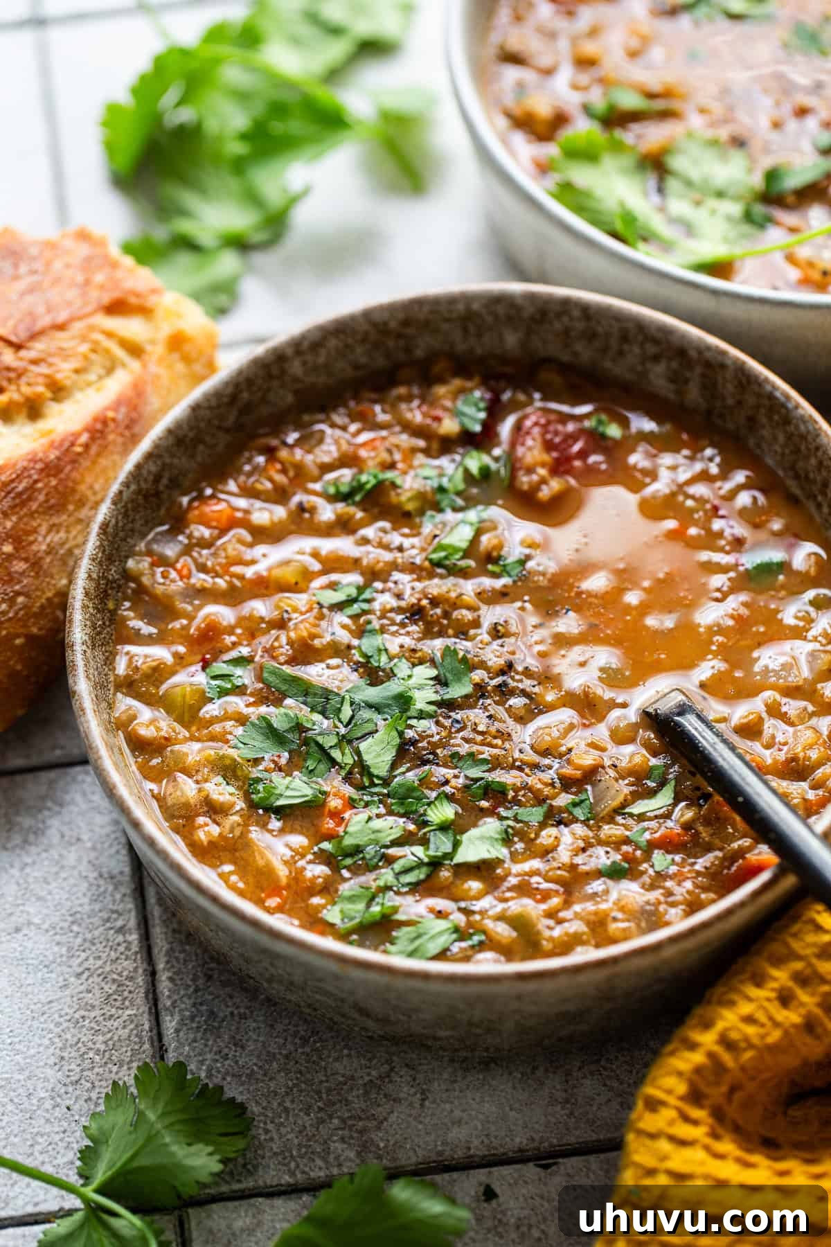 Finished slow cooker lentil soup in a rustic bowl, ready for serving.
