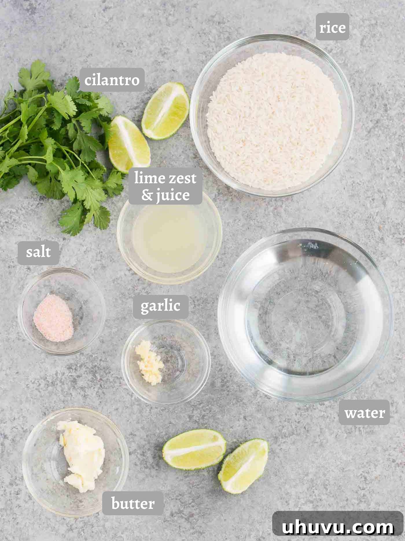 Bright Cilantro Lime Rice 4 A flat lay photograph showcasing all the fresh ingredients required for making cilantro lime rice: long-grain rice, fresh limes, a bunch of cilantro, butter, garlic cloves, and a small bowl of salt.