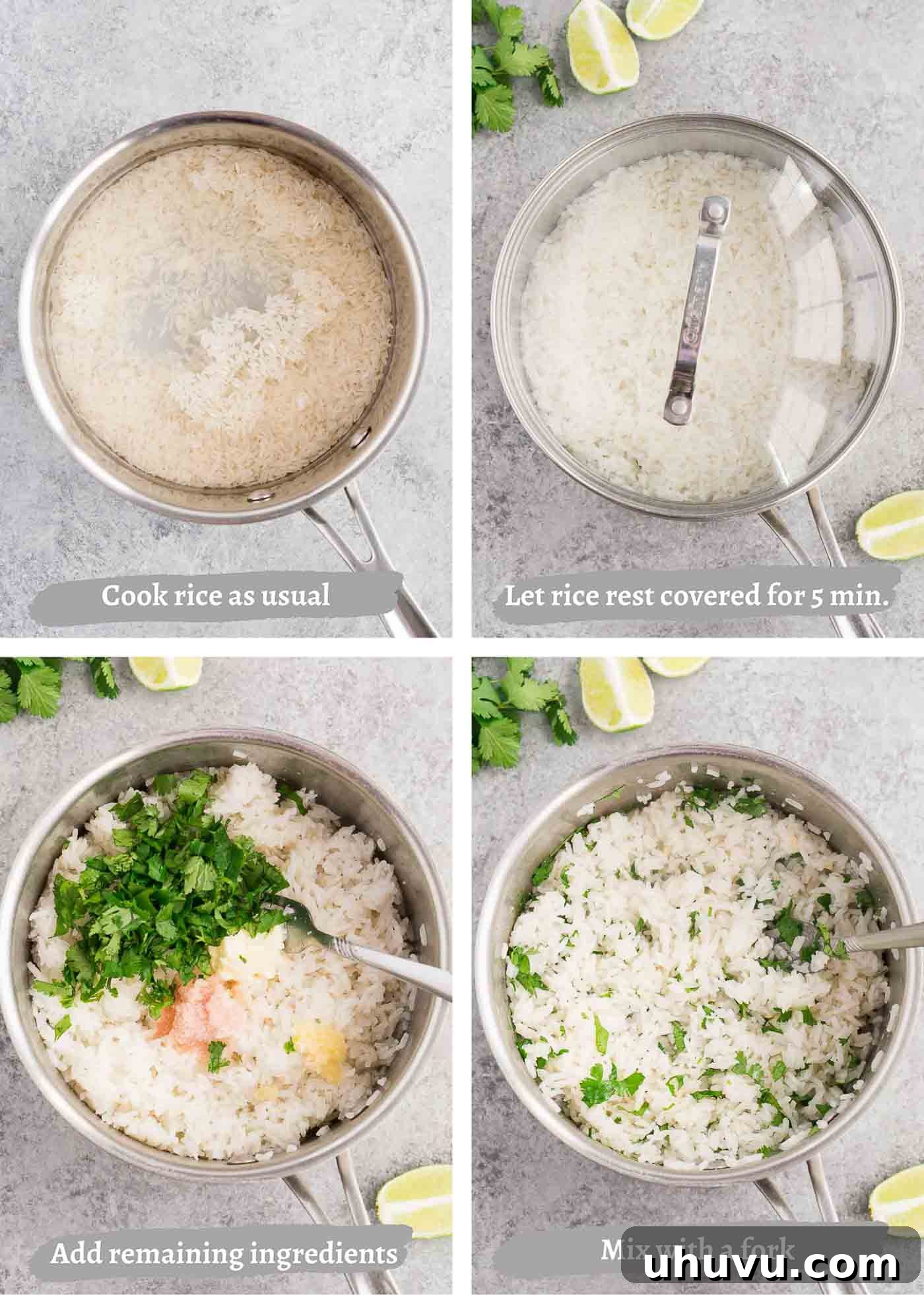 Bright Cilantro Lime Rice 5 A series of four sequential images demonstrating the process of making cilantro lime rice, from cooking the plain rice to mixing in the fresh cilantro and lime, culminating in a finished, fluffy dish.