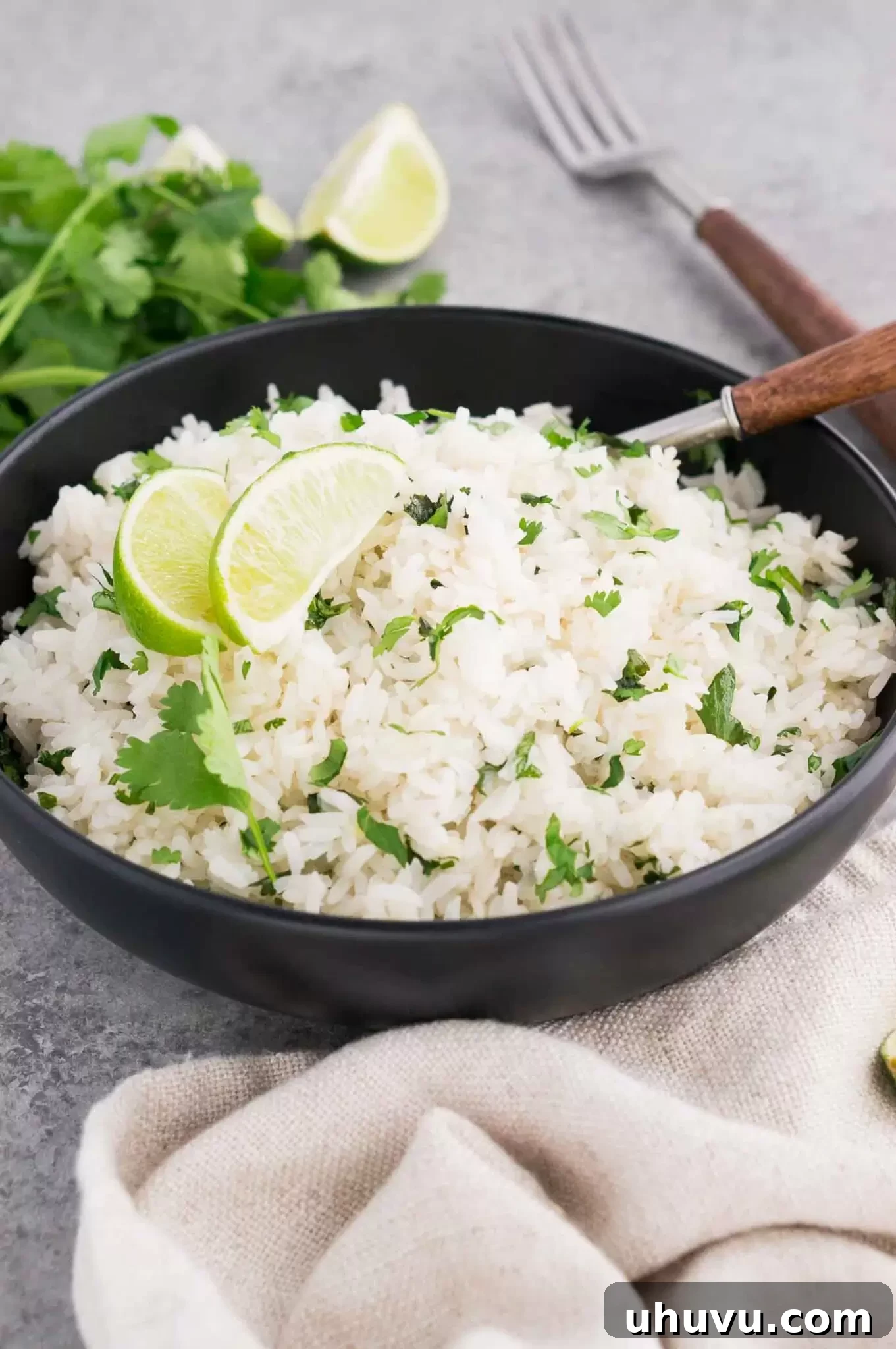 A beautifully presented bowl of cilantro lime rice, garnished with fresh cilantro sprigs and a lime wedge, highlighting its fresh and inviting appeal.