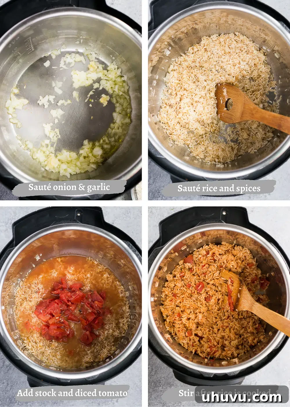 A step-by-step visual of the process of making Spanish rice in a pressure cooker.