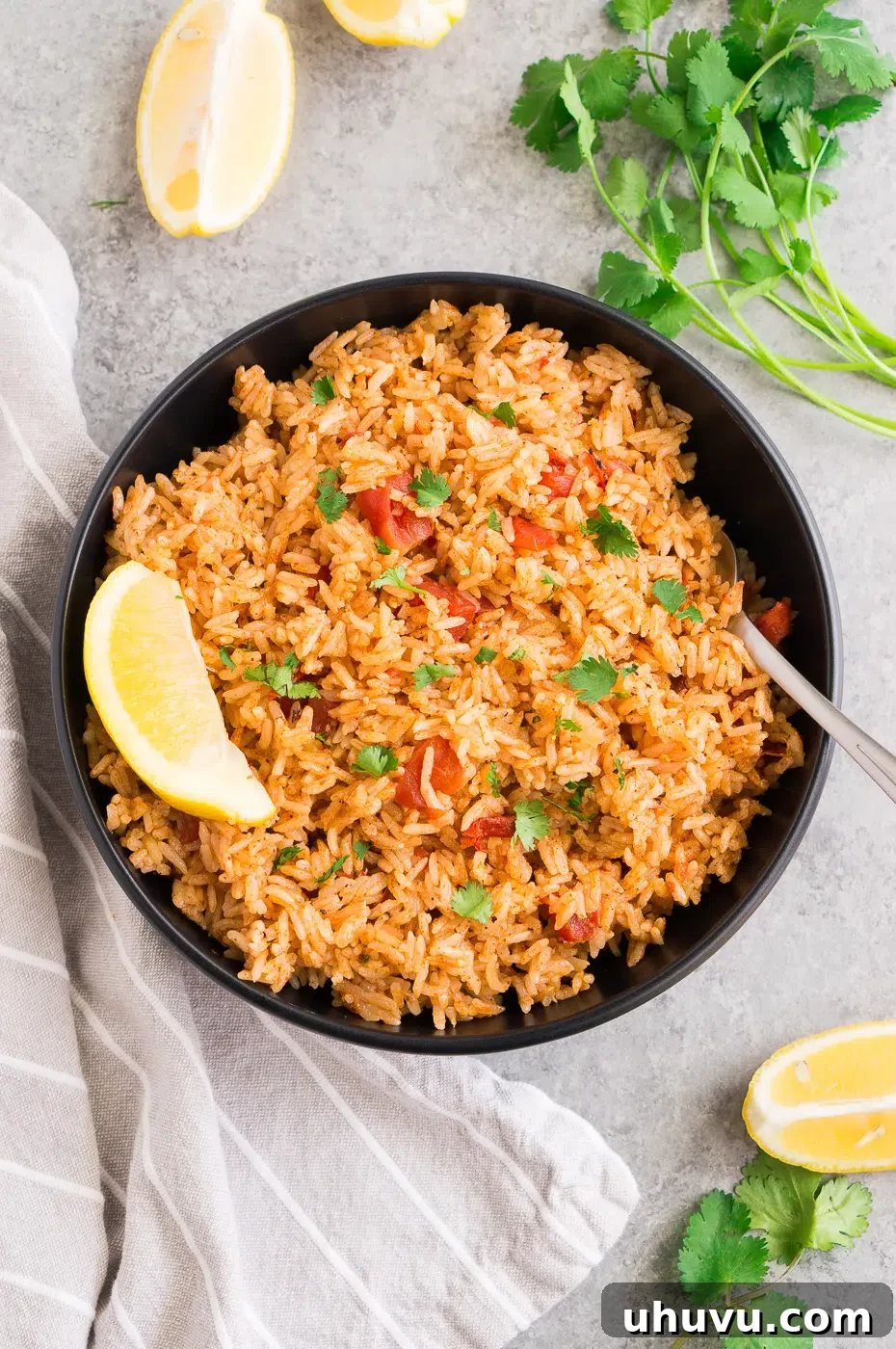 A beautifully presented bowl of arroz rojo, or Mexican red rice, made quickly in the Instant Pot, ready to be served.