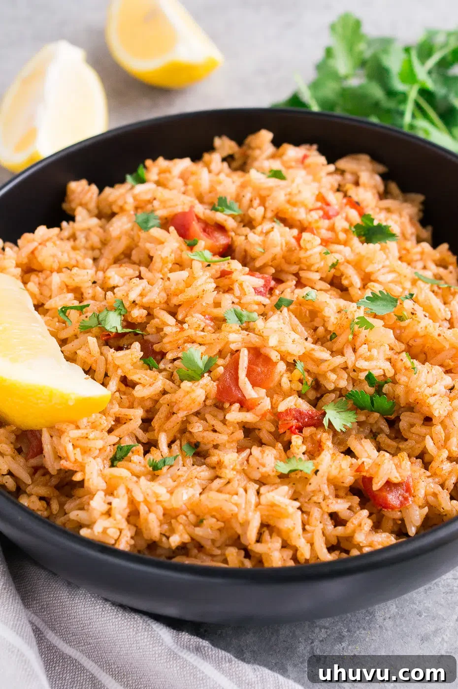 A close-up view of perfectly cooked Mexican rice in a white bowl, showing its vibrant red color and fluffy texture.