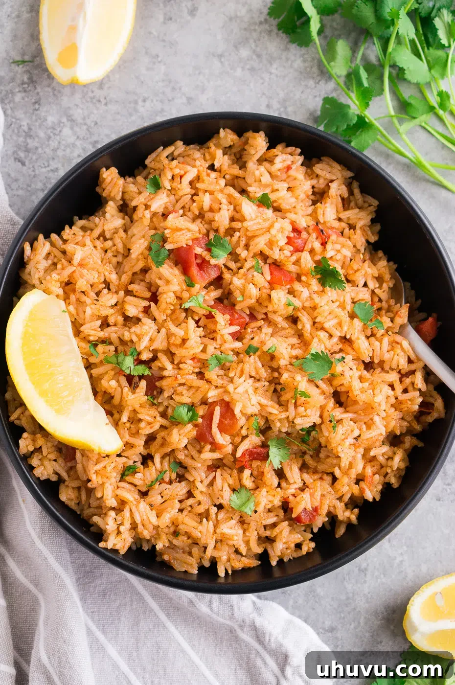 A bowl of Instant Pot Spanish rice with a rich red hue from crushed tomatoes, ready to be enjoyed as a side dish.