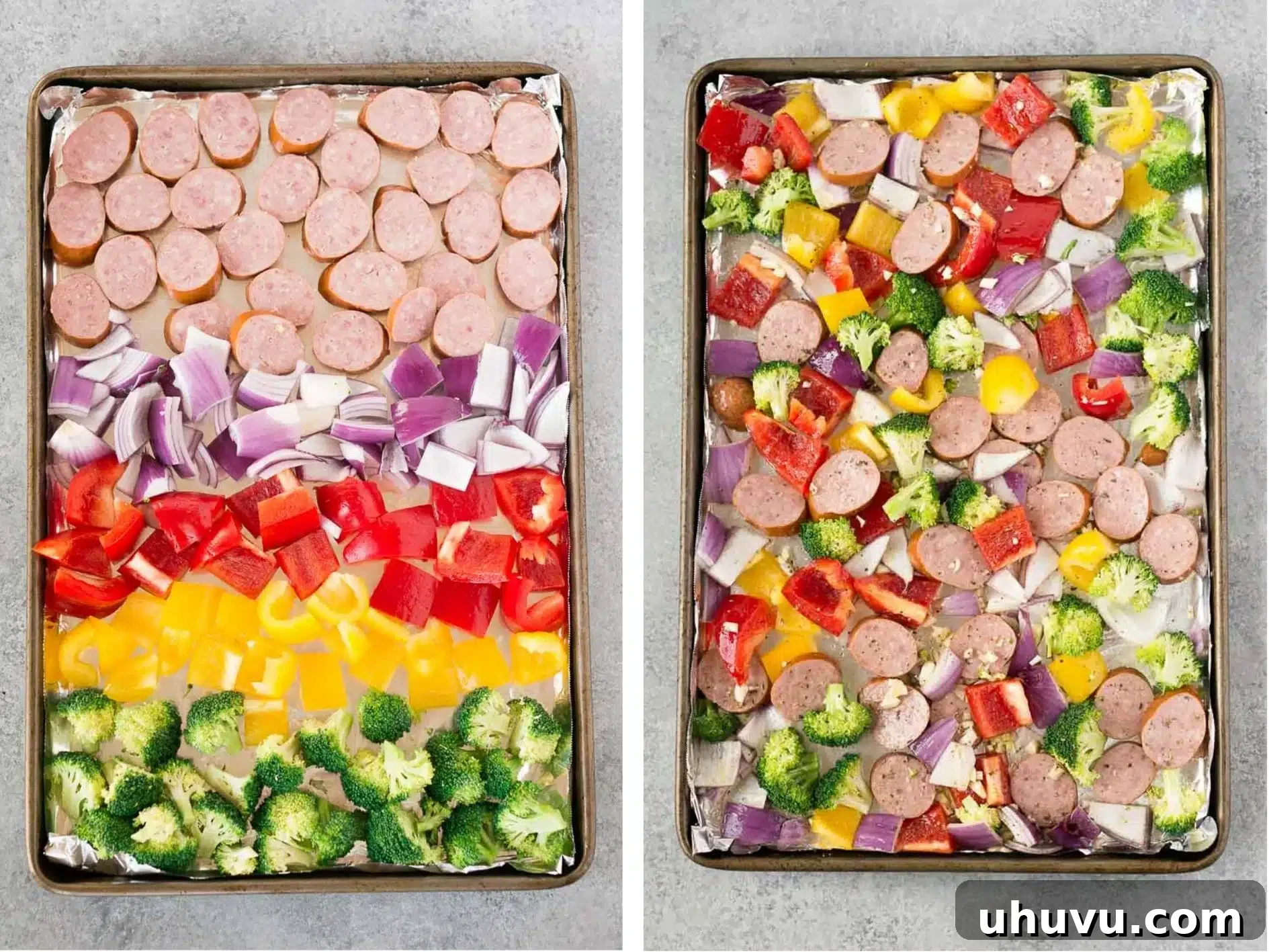 Hearty Roasted Feast 3 Process shots demonstrating sausage and vegetables on a sheet pan before and after roasting