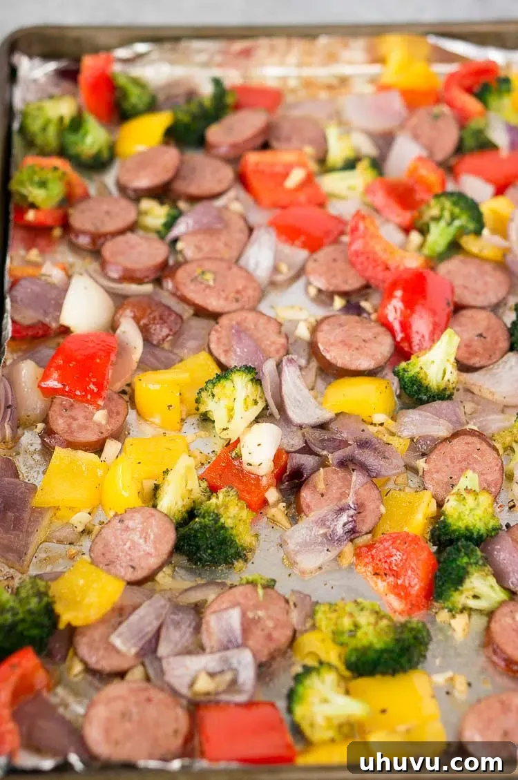 Hearty Roasted Feast 4 Close-up of a vibrant plate of roasted vegetables and sausage - a perfect low carb keto paleo whole30 meal
