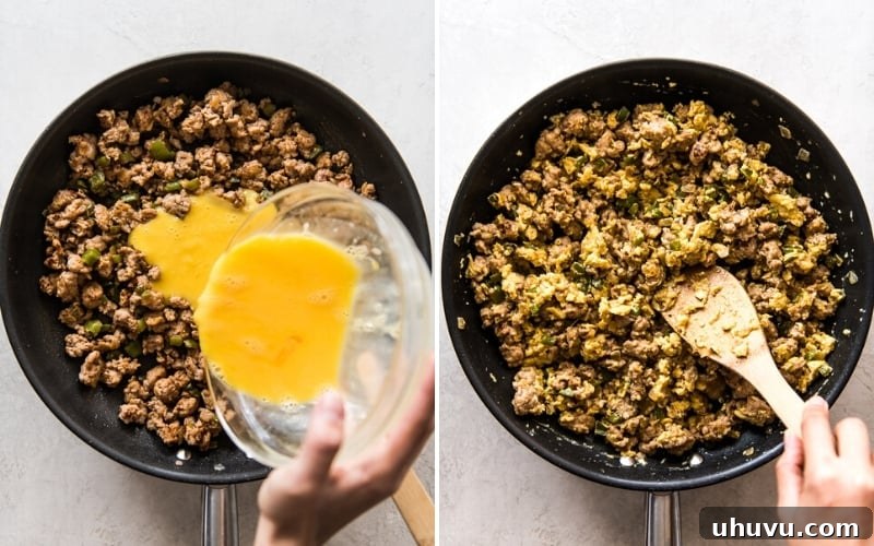 Effortless Morning Enchilada Bake 5 Breakfast sausage browning with spices and vegetables in a skillet.