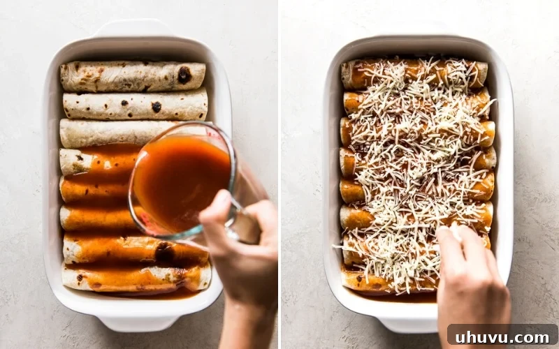 Effortless Morning Enchilada Bake 7 Assembled breakfast enchiladas lined up in a baking dish, ready for sauce and cheese.