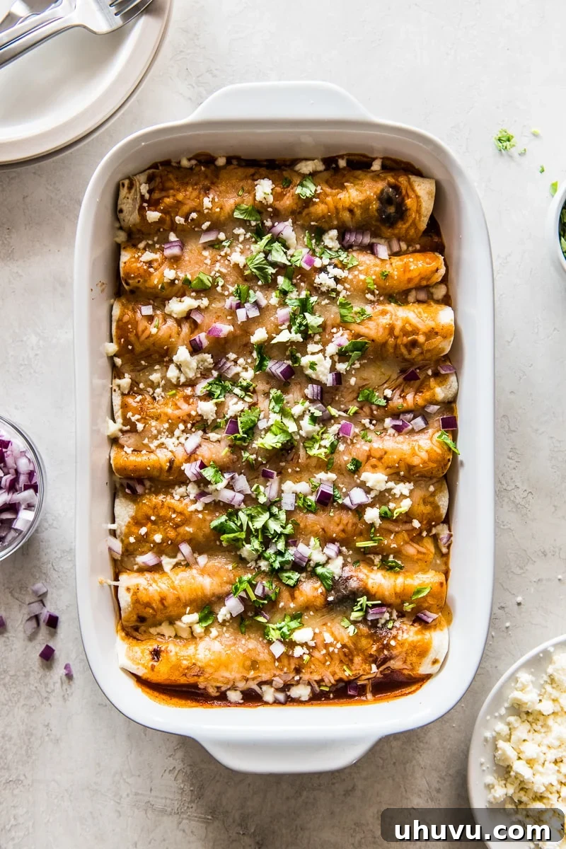 Effortless Morning Enchilada Bake 8 Golden-brown Breakfast Enchiladas, garnished with fresh cilantro and red onions.