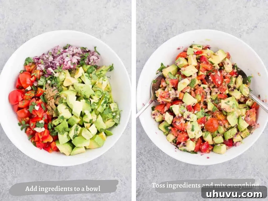 Process images showing the ingredients being combined for avocado salsa