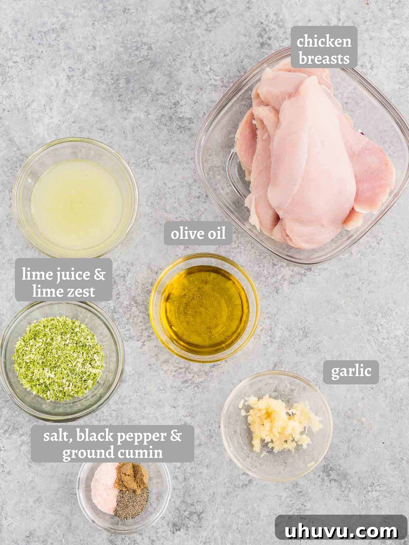 Zesty Cilantro Lime Chicken 4 A collection of fresh ingredients laid out for cilantro lime chicken, including chicken breasts, limes, cilantro, garlic, and spices