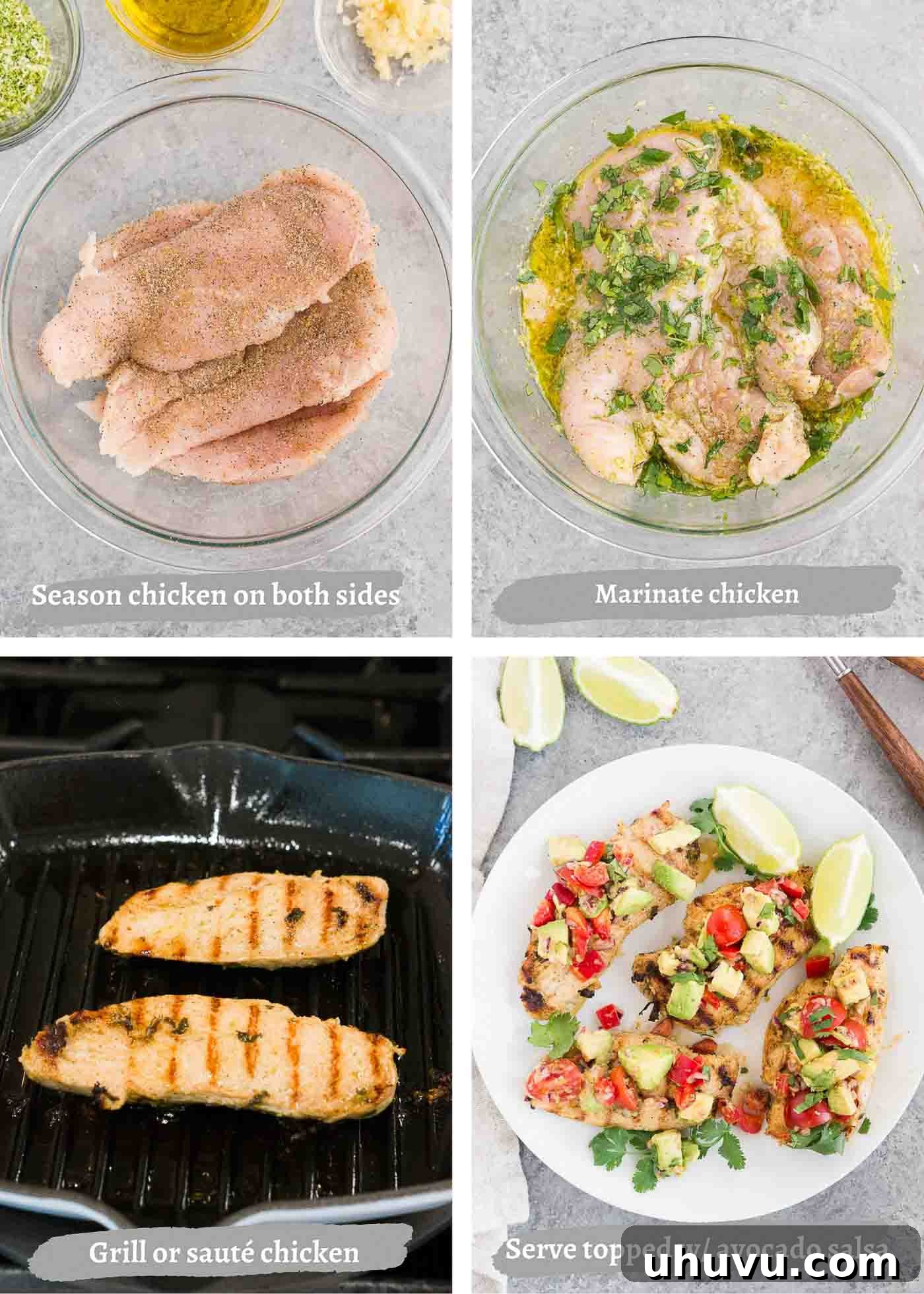 Zesty Cilantro Lime Chicken 5 Sequential images showing the process of making cilantro lime chicken: marinating, cooking in a skillet, and serving