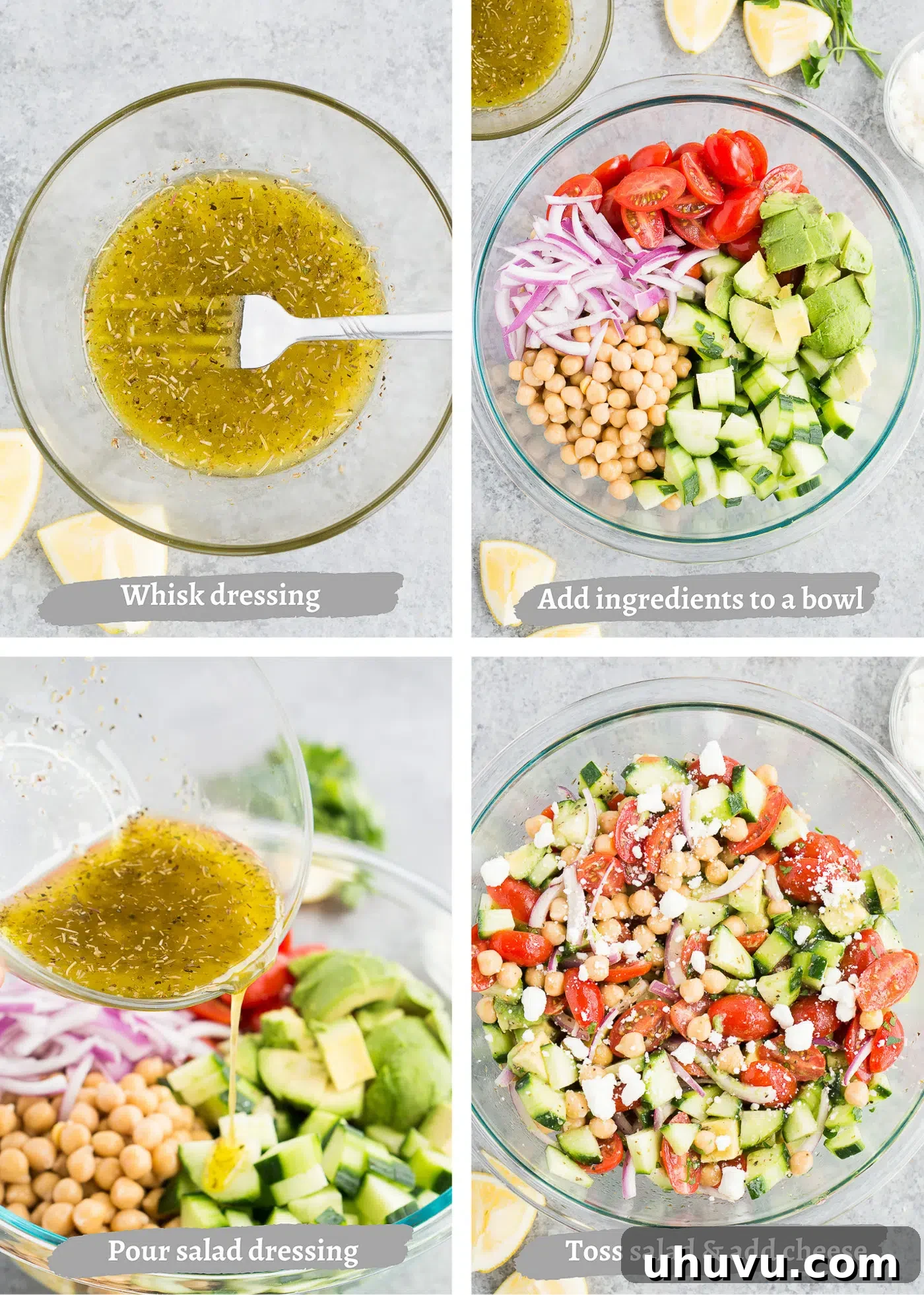 A collage showing step-by-step process of mixing ingredients and dressing for chickpea salad in a large bowl.