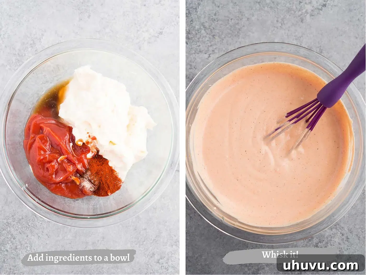 A close-up view of the fry sauce being whisked in a bowl, showing its smooth and creamy texture.