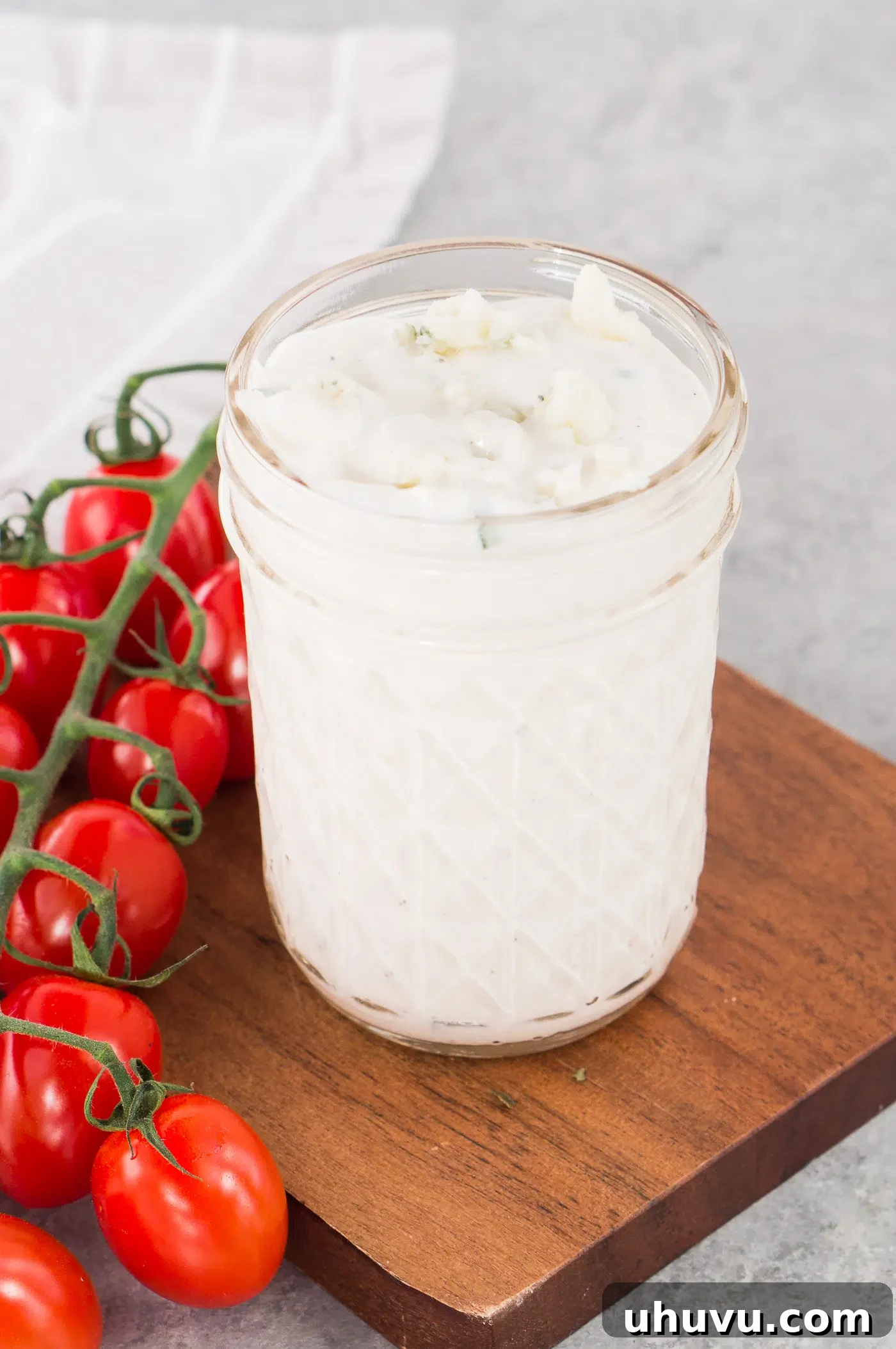 Homemade blue cheese dressing in a glass jar