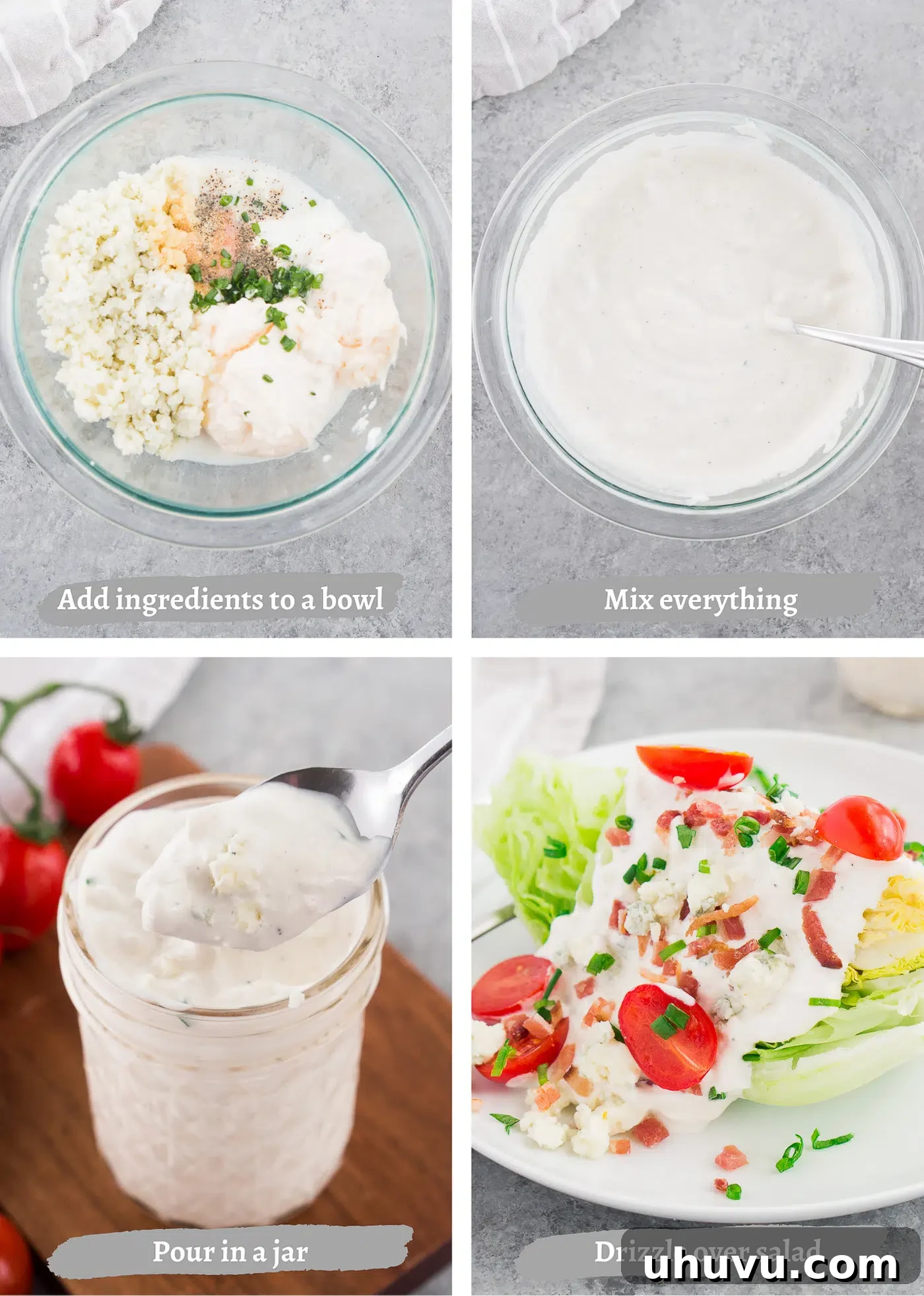 Process of making blue cheese dressing showing ingredients being mixed