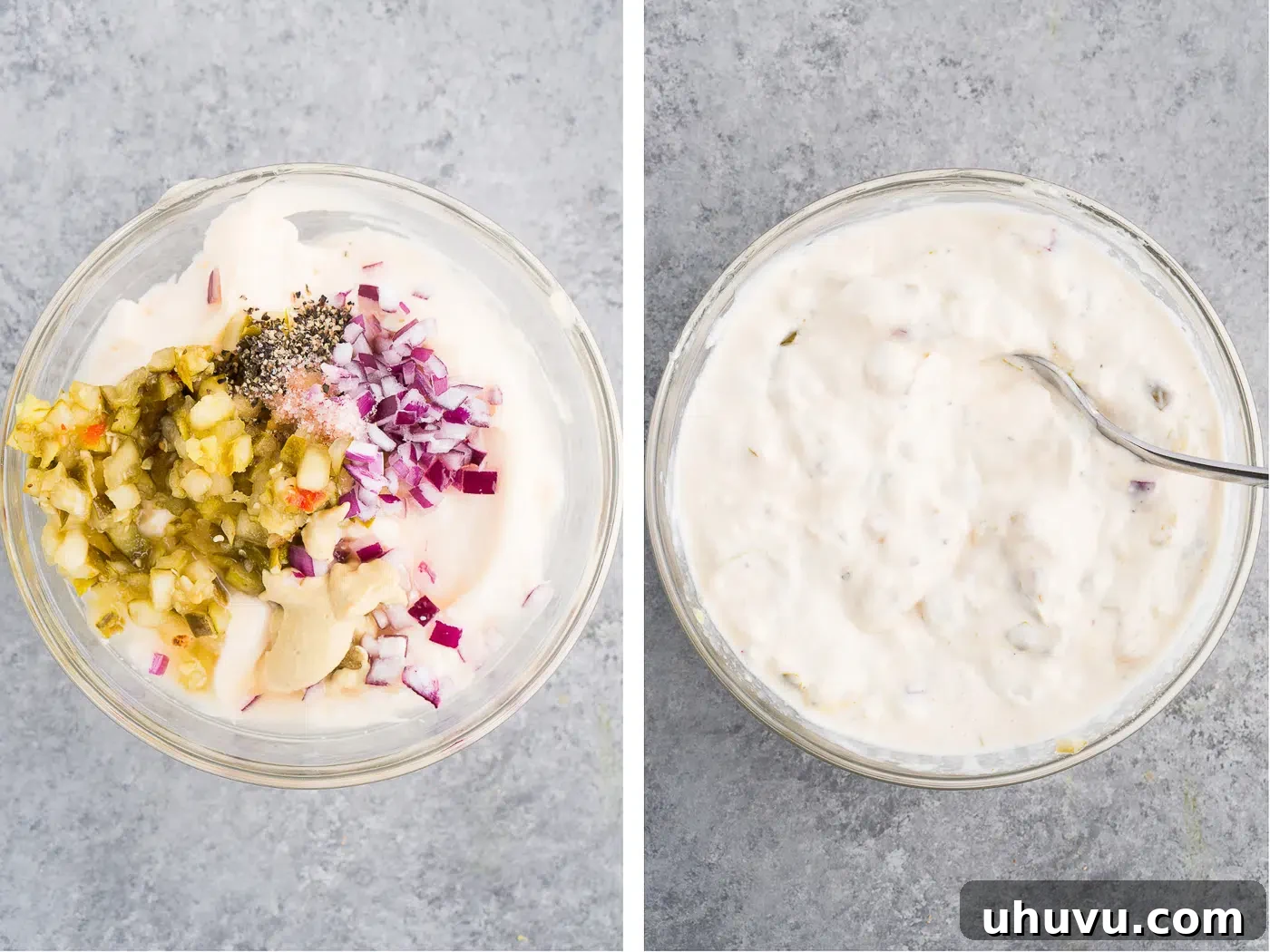 A sequence of photos showing the process of making tartar sauce: ingredients in a bowl, mixing, and the finished sauce.