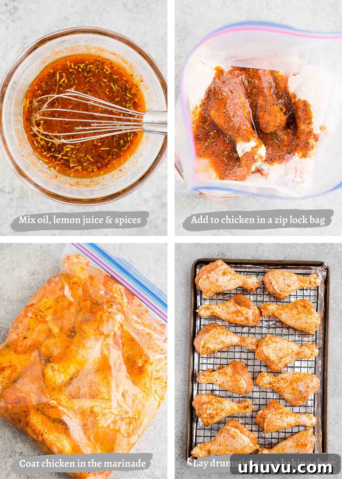 Crispy Baked Chicken Drumsticks 5 A collage of process images showing how to prepare and bake chicken drumsticks, from marinating to arranging on a sheet, and finally baking until golden.
