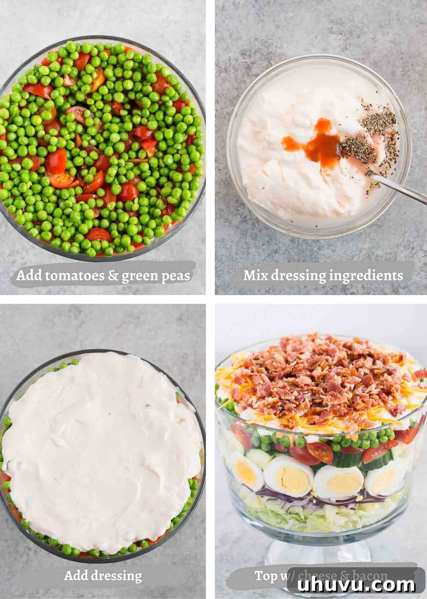Ultimate Seven-Layer Salad 6 process images of making seven layer salad and dressing