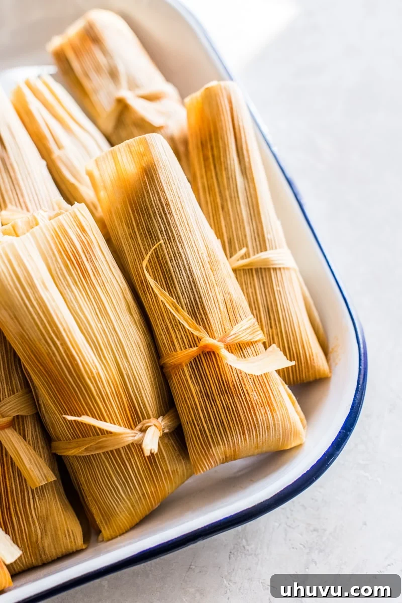Unwrap the Flavor: Authentic Mexican Tamales 2 Mexican tamales recipe on a serving tray ready to eat, showcasing their soft masa and vibrant filling.
