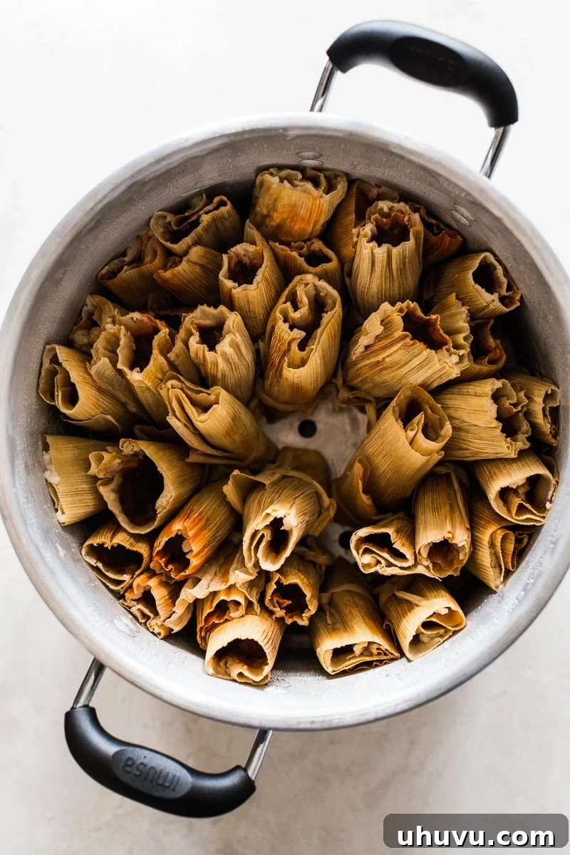 Unwrap the Flavor: Authentic Mexican Tamales 16 Stacked tamales arranged vertically in a steamer pot, ready for cooking.