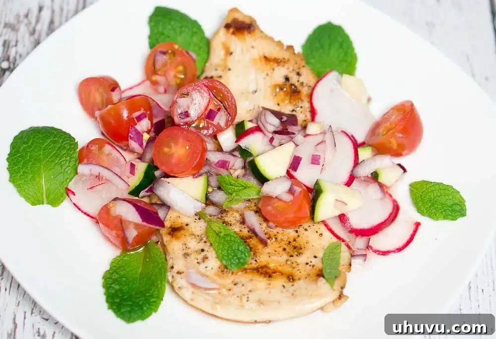 grilled chicken with zucchini, radish, and cherry tomato relish - main dish