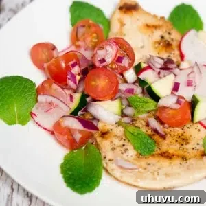 Chicken with Cucumber Radish Cherry Tomato Relish