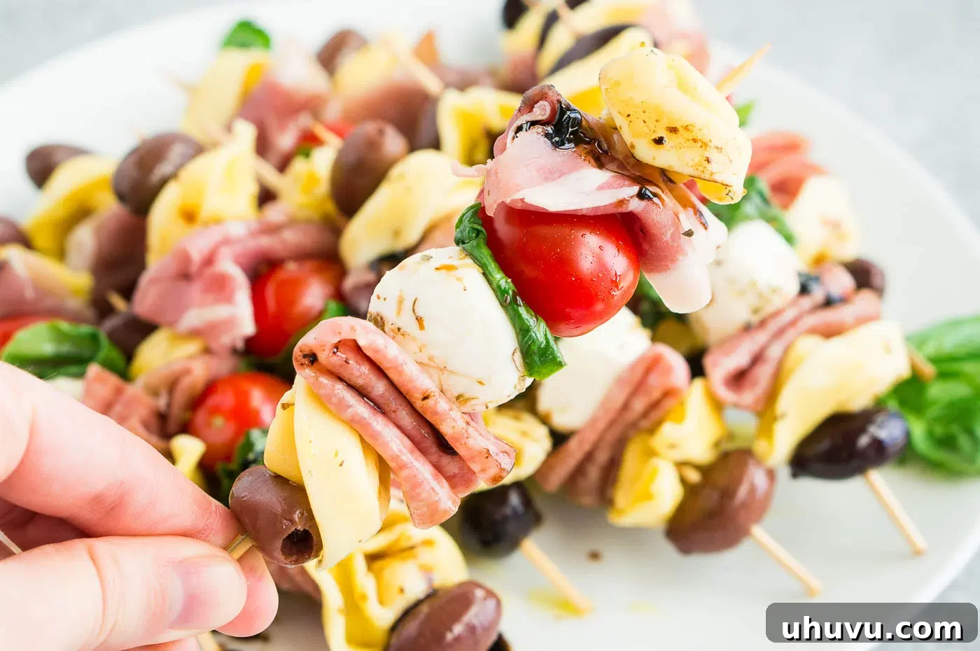 close up of antipasto skewers