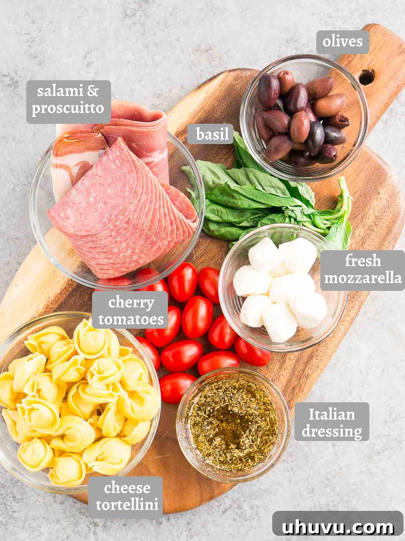 Handheld Antipasto Bites 4 ingredients for antipasto skewers