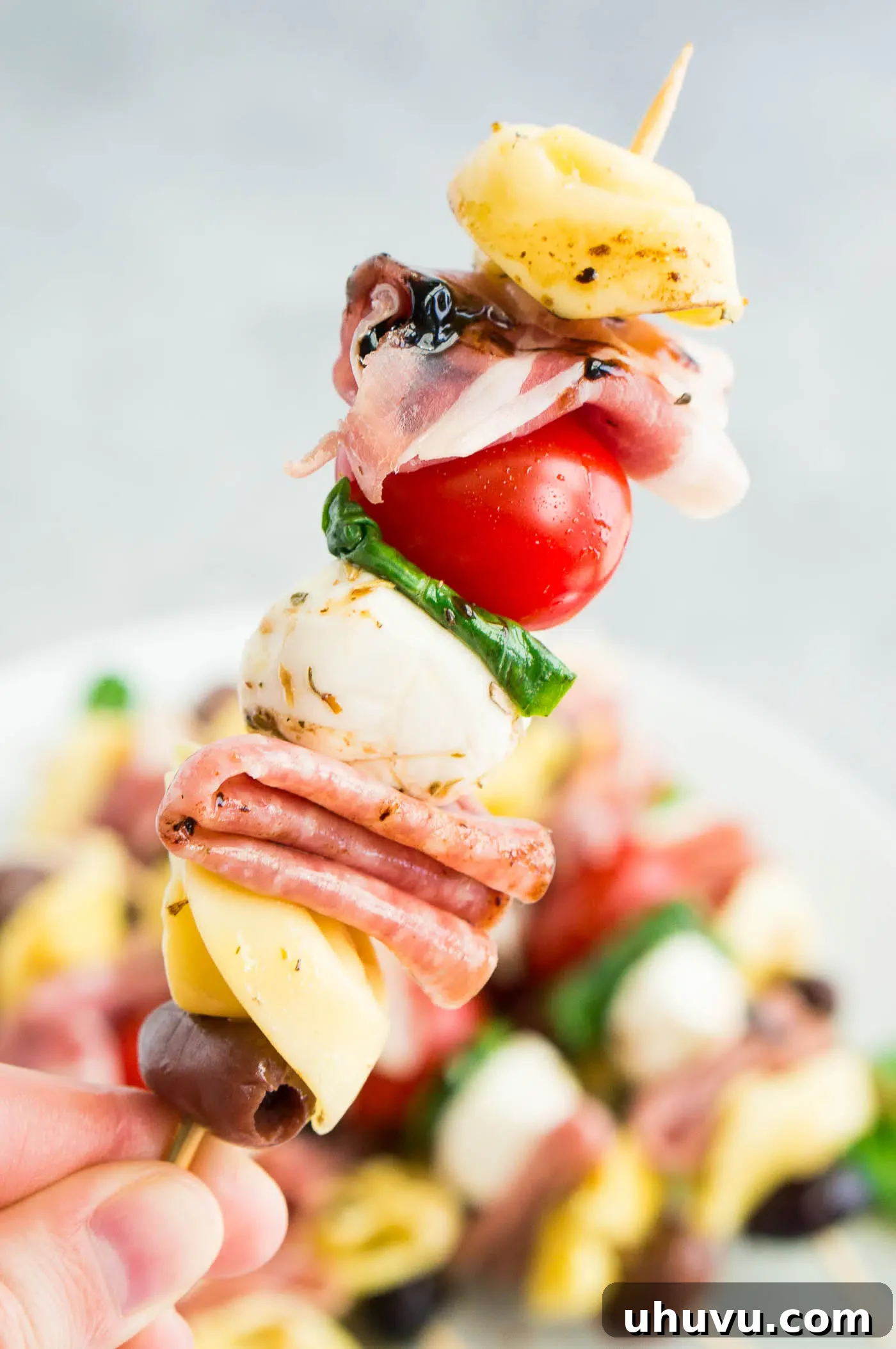 close up image of a single antipasto skewer