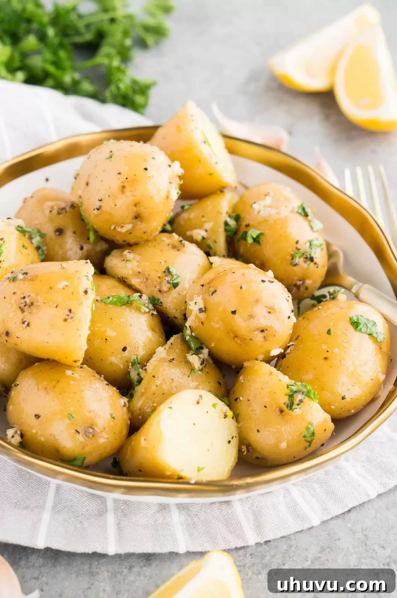 close up image of boiled potatoes on a plate