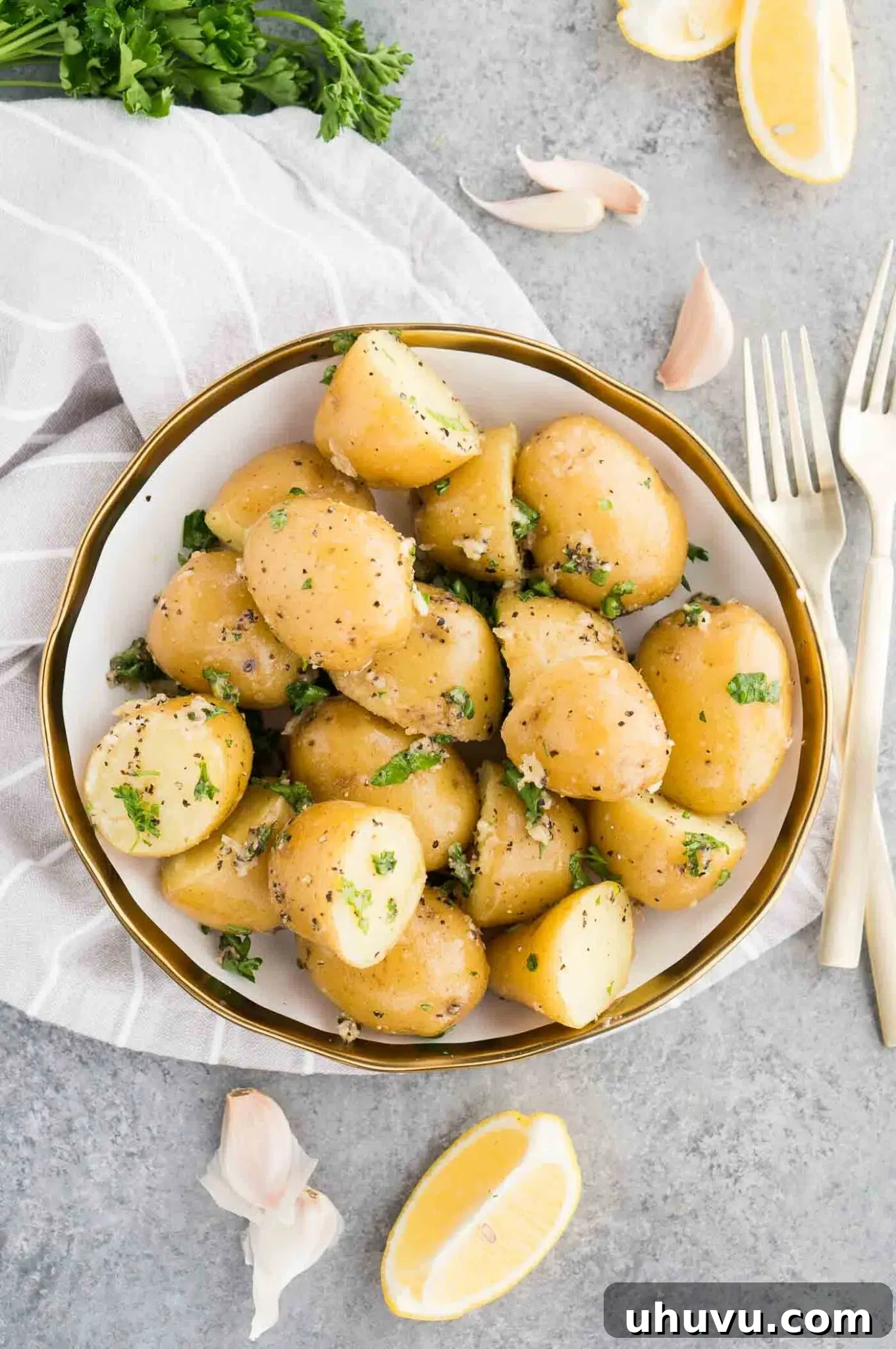 image from above of cooked potatoes on a plate