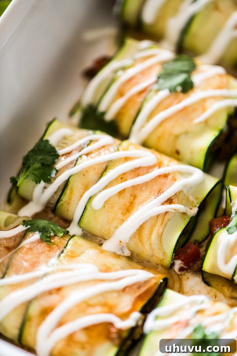 Southwestern Zucchini Roll-Ups 7 Cooked zucchini enchiladas, golden brown and bubbly, garnished and ready to be served.