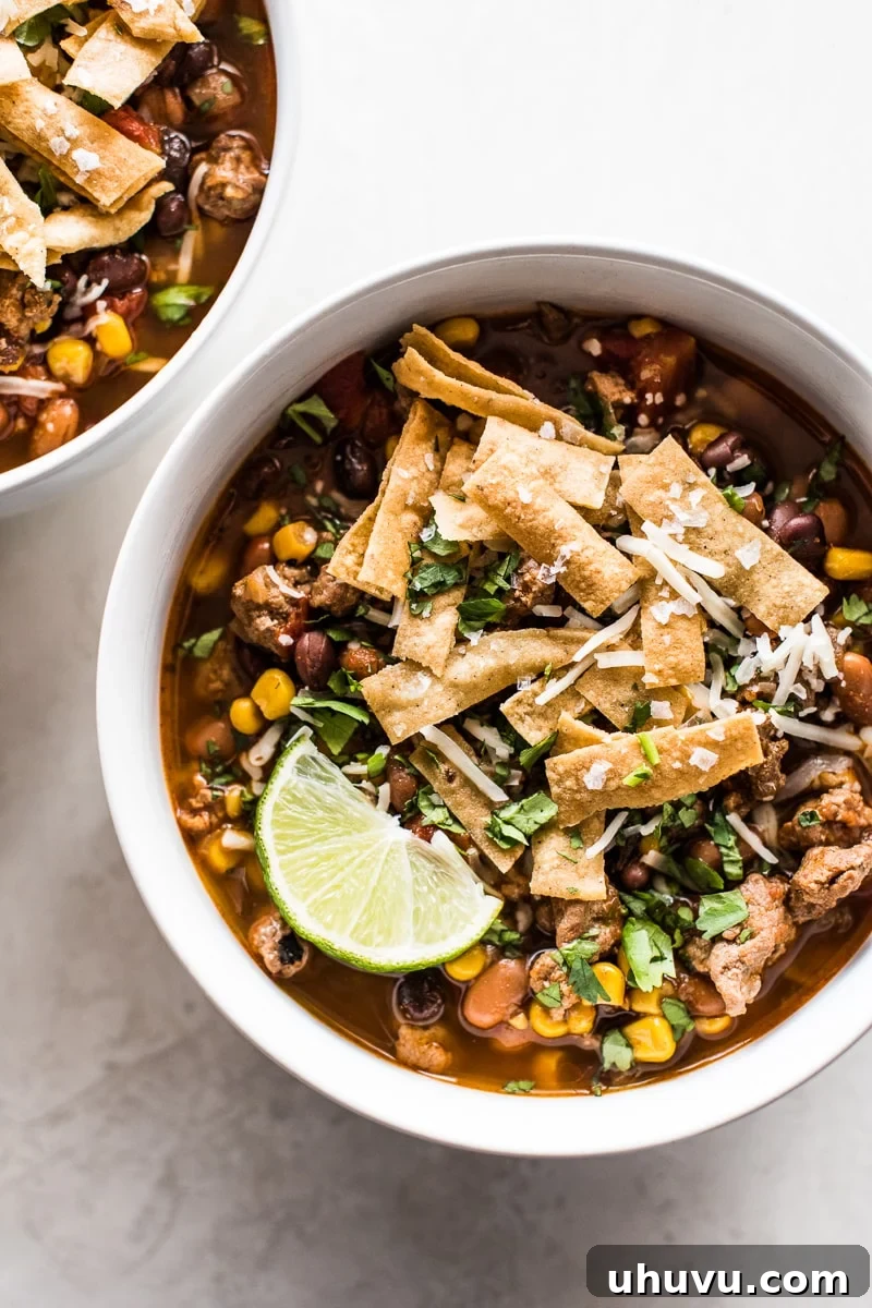 Crockpot Fiesta Taco Soup 2 Slow cooker taco soup topped with crunchy tortilla strips and fresh cilantro