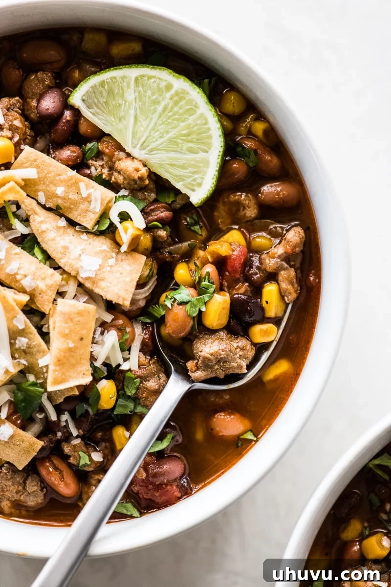 Crockpot Fiesta Taco Soup 5 Hearty slow cooker taco soup with beans, corn, and tomatoes in a crock pot