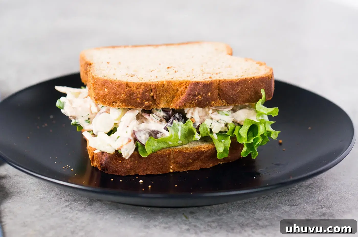 A serving of classic chicken salad on a piece of rustic bread, showcasing its creamy texture and fresh ingredients.